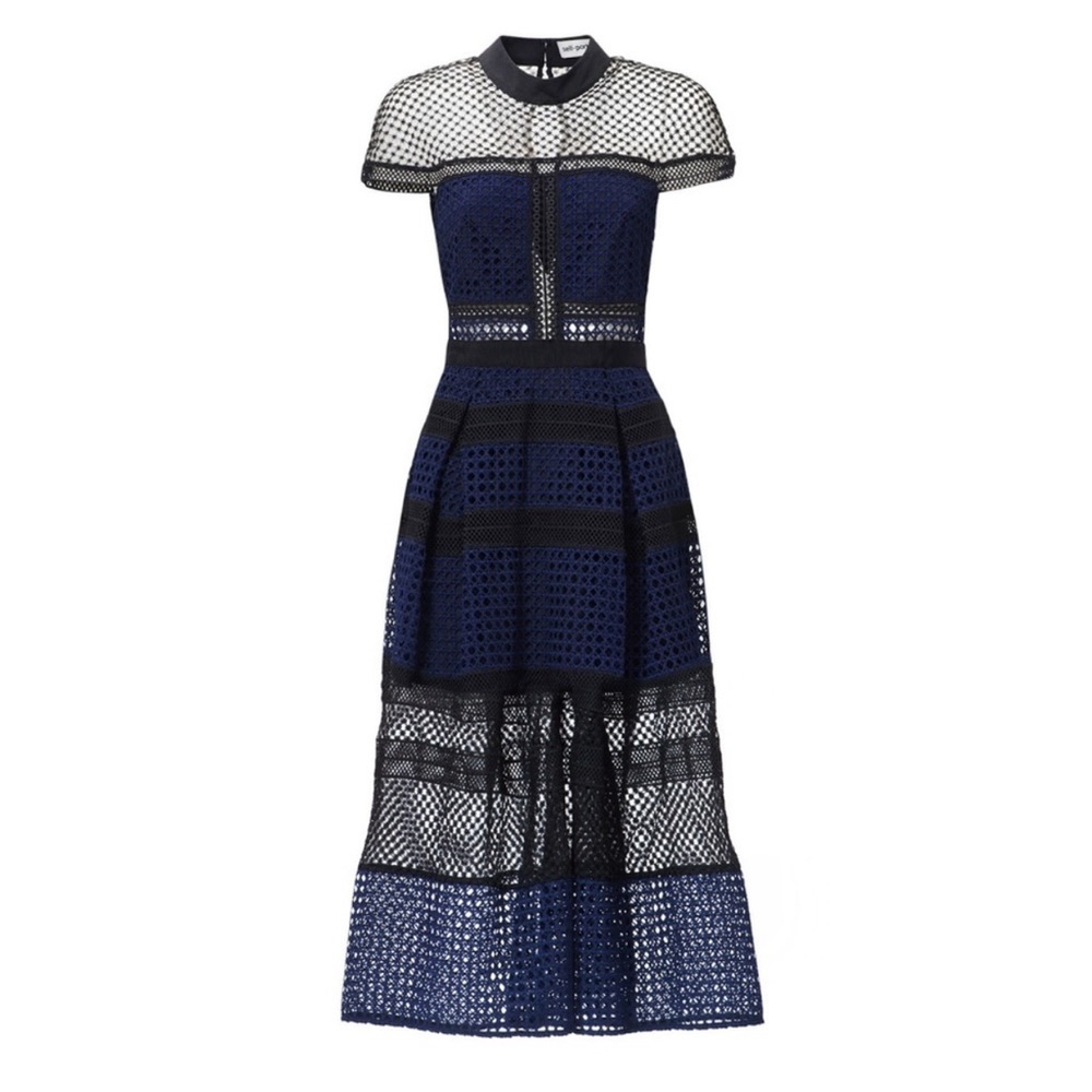 SELF-PORTRAIT Gorgeous Midi Blue and Black High Fashion Dress Size 2 NWT - Picture 4 of 5